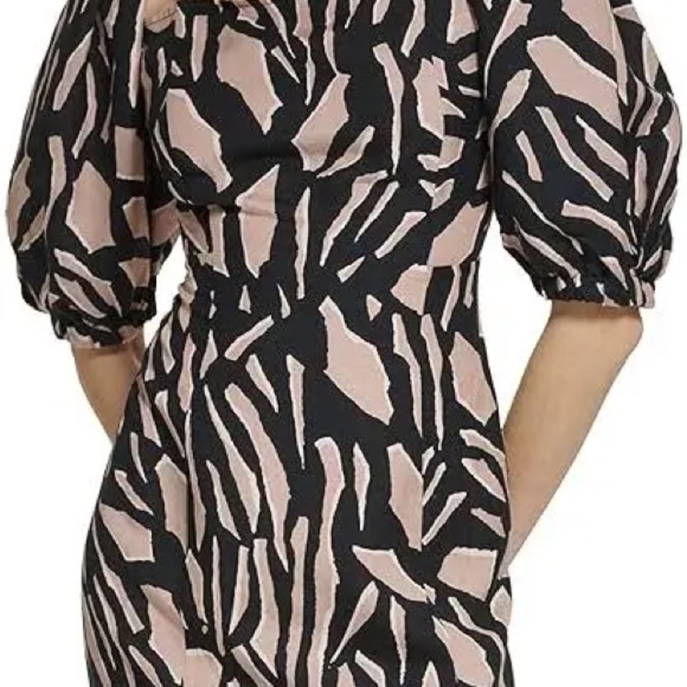 DKNY Printed Short Puffed Sleeve Shoulder Strap Linen Dress